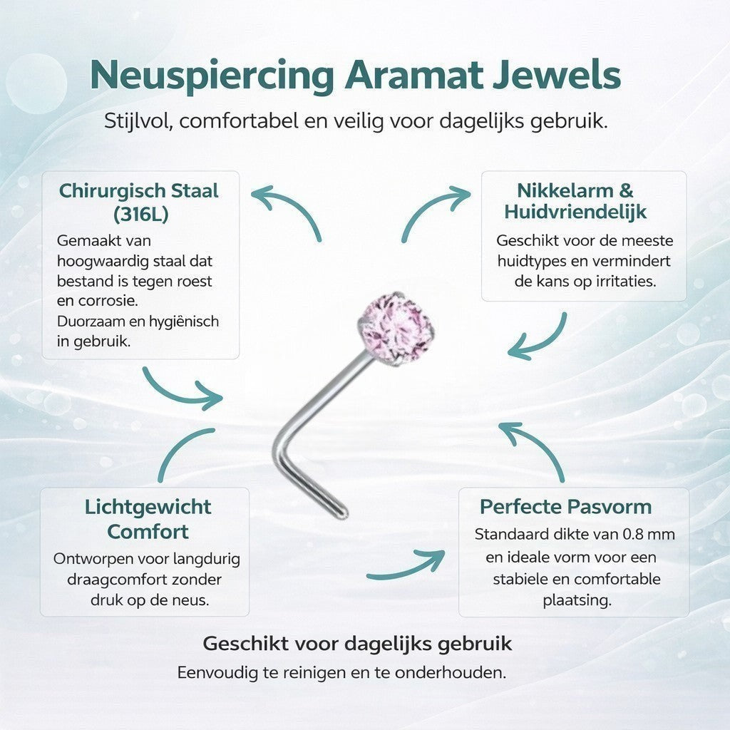 Aramat Jewels silver-tone steel L-shaped nose stud with a round pink cubic zirconia.