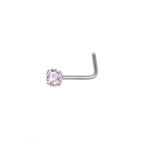 Aramat Jewels silver-tone steel L-shaped nose stud with a round pink cubic zirconia.