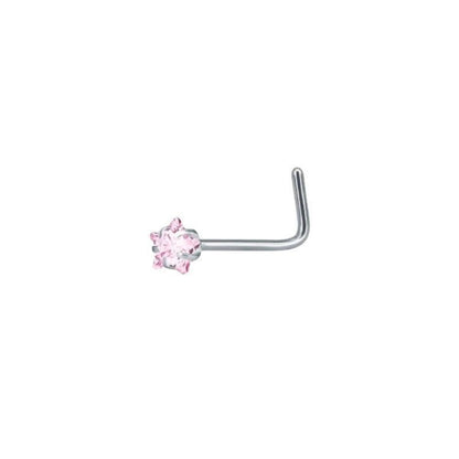 Aramat Jewels silver-tone steel L-shaped nose stud with a pink cubic zirconia gem.