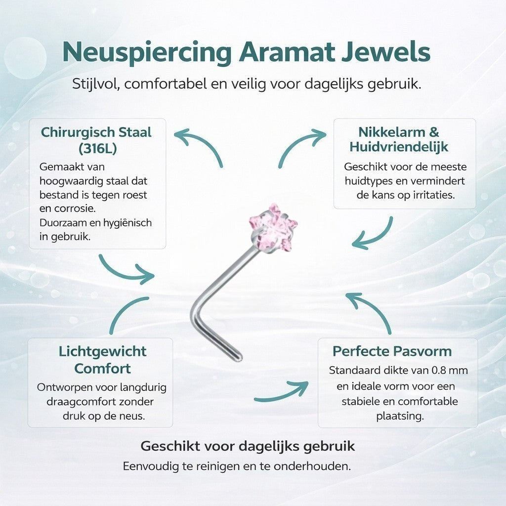 Aramat Jewels silver-tone steel L-shaped nose stud with a pink cubic zirconia.