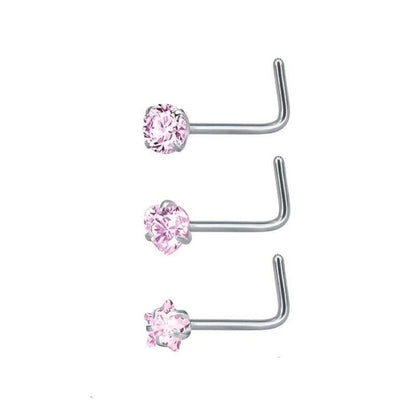 Aramat Jewels silver-tone steel nose studs with pink cubic zirconia in round, heart, and star shapes.