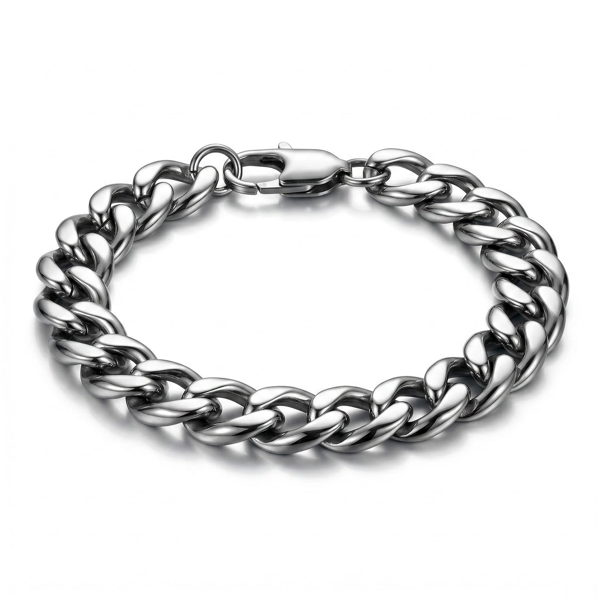 Aramat Jewels platte gourmet schakelarmband van zilverkleurig staal, 19cm lang en 9.5mm breed, met karabijnsluiting.