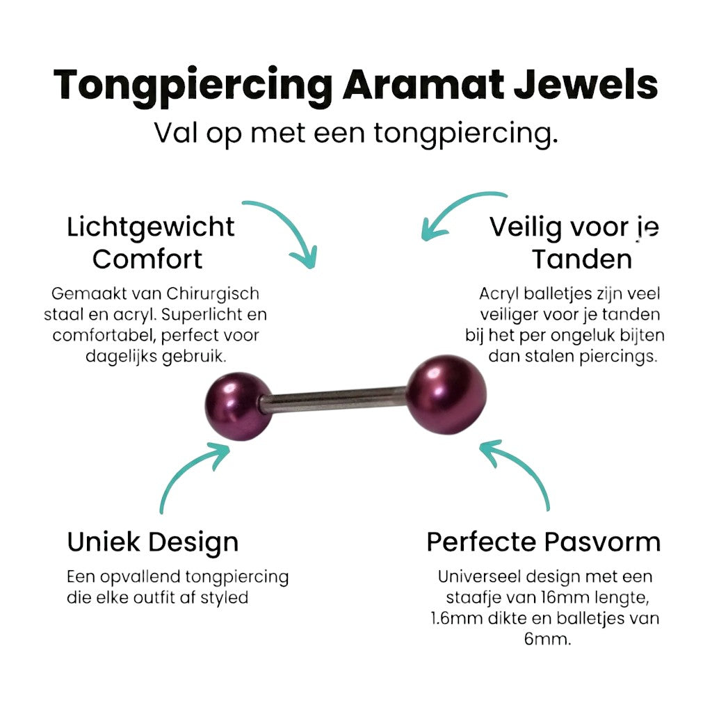 Aramat Jewels purple pearl steel tongue piercing with silver bar and 6mm balls.