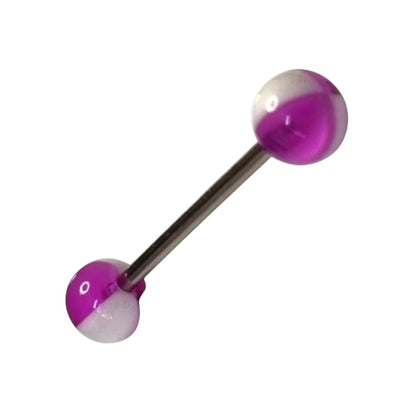 Aramat Jewels steel tongue piercing with purple and white acrylic balls. Features a 6mm ball size and 16mm bar.