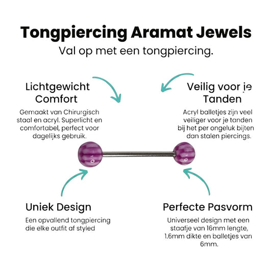 Aramat Jewels steel tongue piercing with purple and white checkered acrylic balls. 16mm bar, 1.6mm gauge.