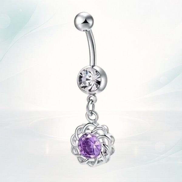 Aramat Jewels silver-tone surgical steel belly button piercing with clear and purple zirconia stones, featuring a floral dangle.
