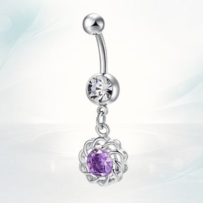 Aramat Jewels silver-tone surgical steel belly button piercing with clear and purple zirconia stones, featuring a floral dangle.