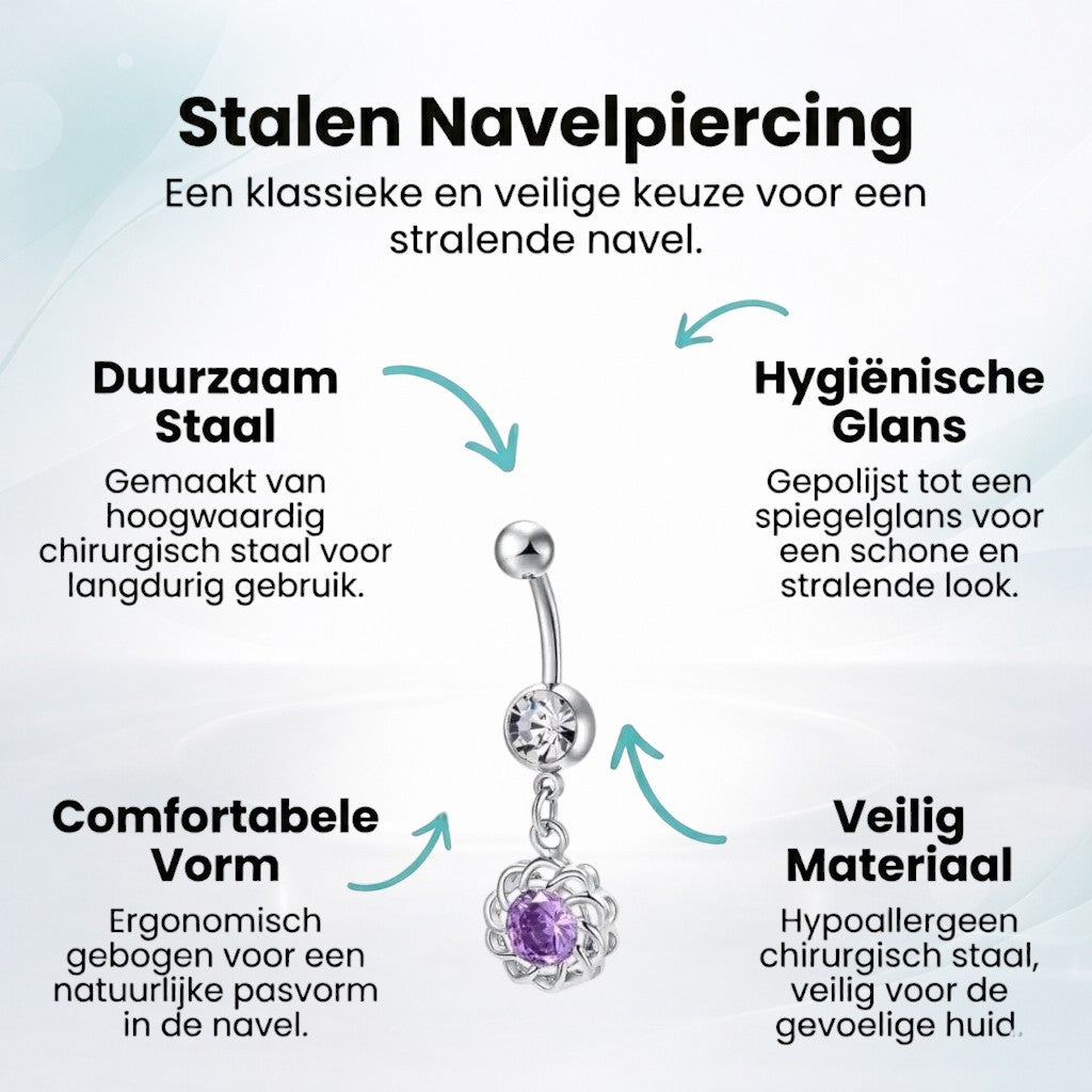 Aramat Jewels silver-tone surgical steel belly button piercing with a clear and purple zirconia flower charm.