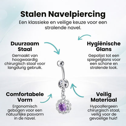 Aramat Jewels silver-tone surgical steel belly button piercing with a clear and purple zirconia flower charm.