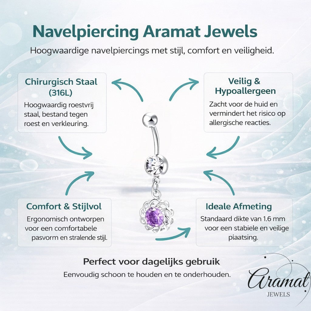 Aramat Jewels silver-tone surgical steel belly button piercing with a clear cz and a dangling purple zirconia flower charm.