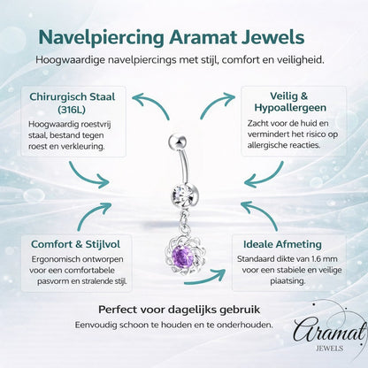Aramat Jewels silver-tone surgical steel belly button piercing with a clear cz and a dangling purple zirconia flower charm.