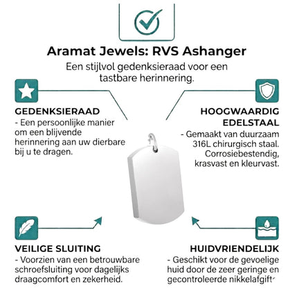 Aramat Jewels rechthoekige ashanger van zilverkleurig RVS, 30x18mm, waterbestendig gedenksieraad zonder ketting.