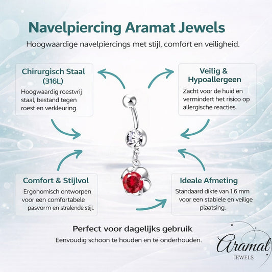 Aramat Jewels silver-tone steel navel piercing with a clear cz and a red cz flower dangle.