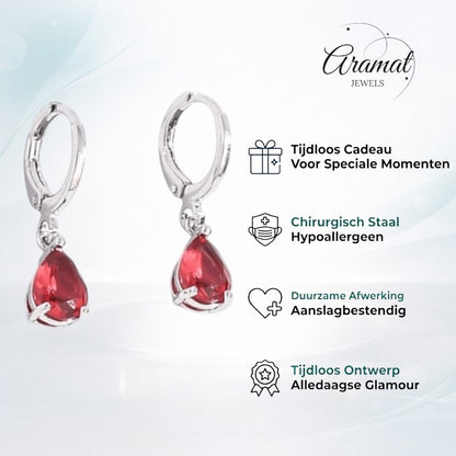 Aramat Jewels mini silver hoop earrings with red teardrop zirconia charms for girls.