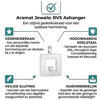 Aramat Jewels zilverkleurige vierkante ashanger met hartje, 26x19mm, gemaakt van RVS, met schroefsluiting.