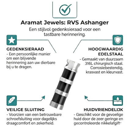 Aramat Jewels RVS cilinder ashanger met zwart-zilveren strepen, 43x11 mm. Een stijlvol sieraad voor as of haar.