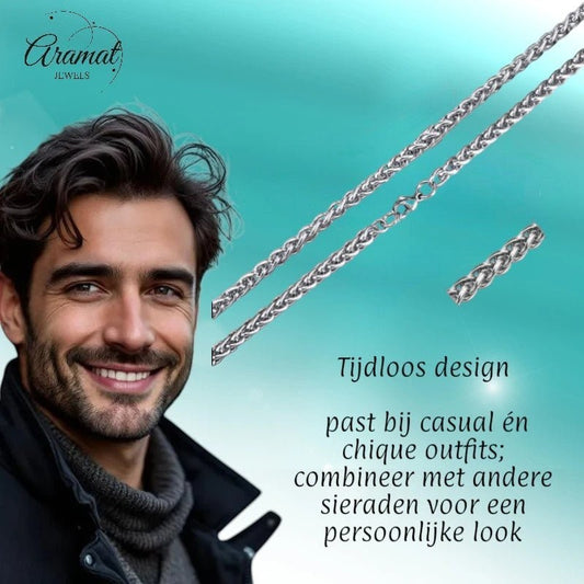Aramat Jewels zilverkleurige RVS vossenstaart ketting van 60 cm en 6 mm breed, gedragen door een man.