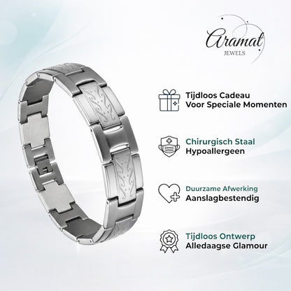 Aramat Jewels zilverkleurige schakelarmband van edelstaal met fantasiepatroon, 22cm lang en 14mm breed.