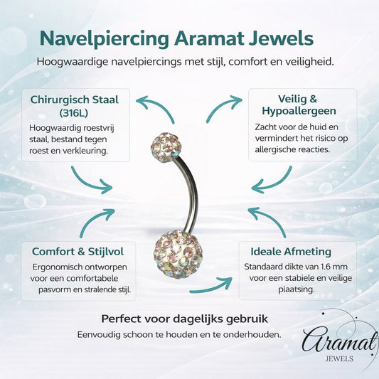 Aramat Jewels silver-tone curved barbell navel piercing with two Shamballa crystal balls, AB transparent.