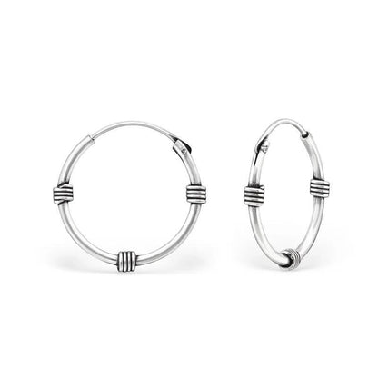 Aramat Jewels unisex silver Bali hoop earrings, 16mm diameter, with traditional banded design.