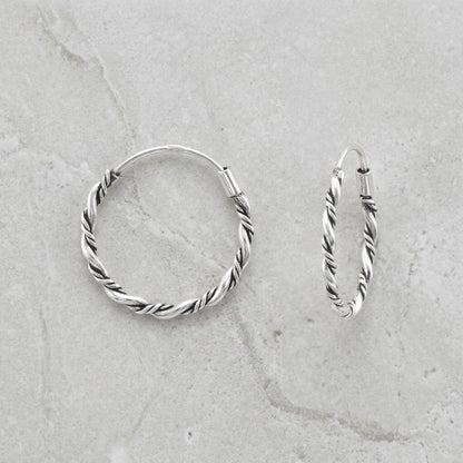 Aramat Jewels small silver Bali hoop earrings, 16mm diameter, twisted rope design, nickel-free 925 silver.