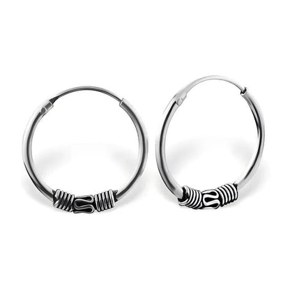 Aramat Jewels unisex silver Bali hoop earrings, 16mm diameter, with intricate tribal-inspired detailing.