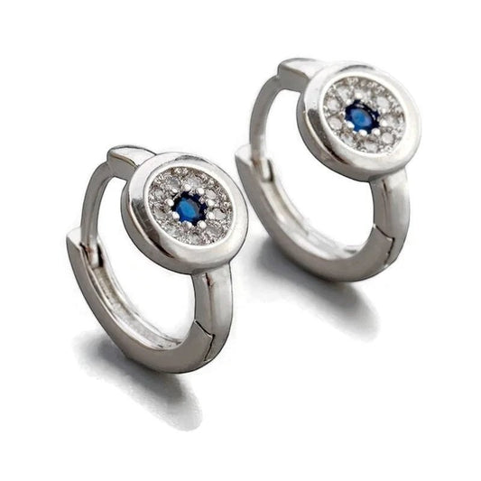 Aramat Jewels silver hoop earrings with blue and clear cubic zirconia, 12mm diameter.