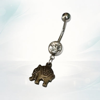 Aramat Jewels silver surgical steel belly button piercing with a detailed elephant charm and clear cubic zirconia.