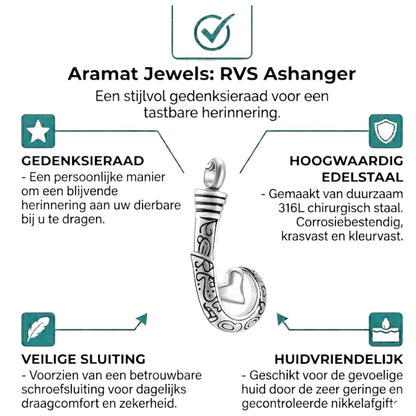 Aramat Jewels silver-tone stainless steel fish hook cremation pendant with black enamel details and a heart cutout.