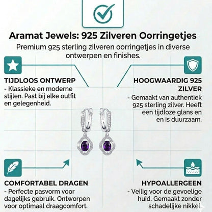 Aramat Jewels silver hoop earrings with flower charm, featuring a purple oval zirconia stone surrounded by clear cubic zirconia.