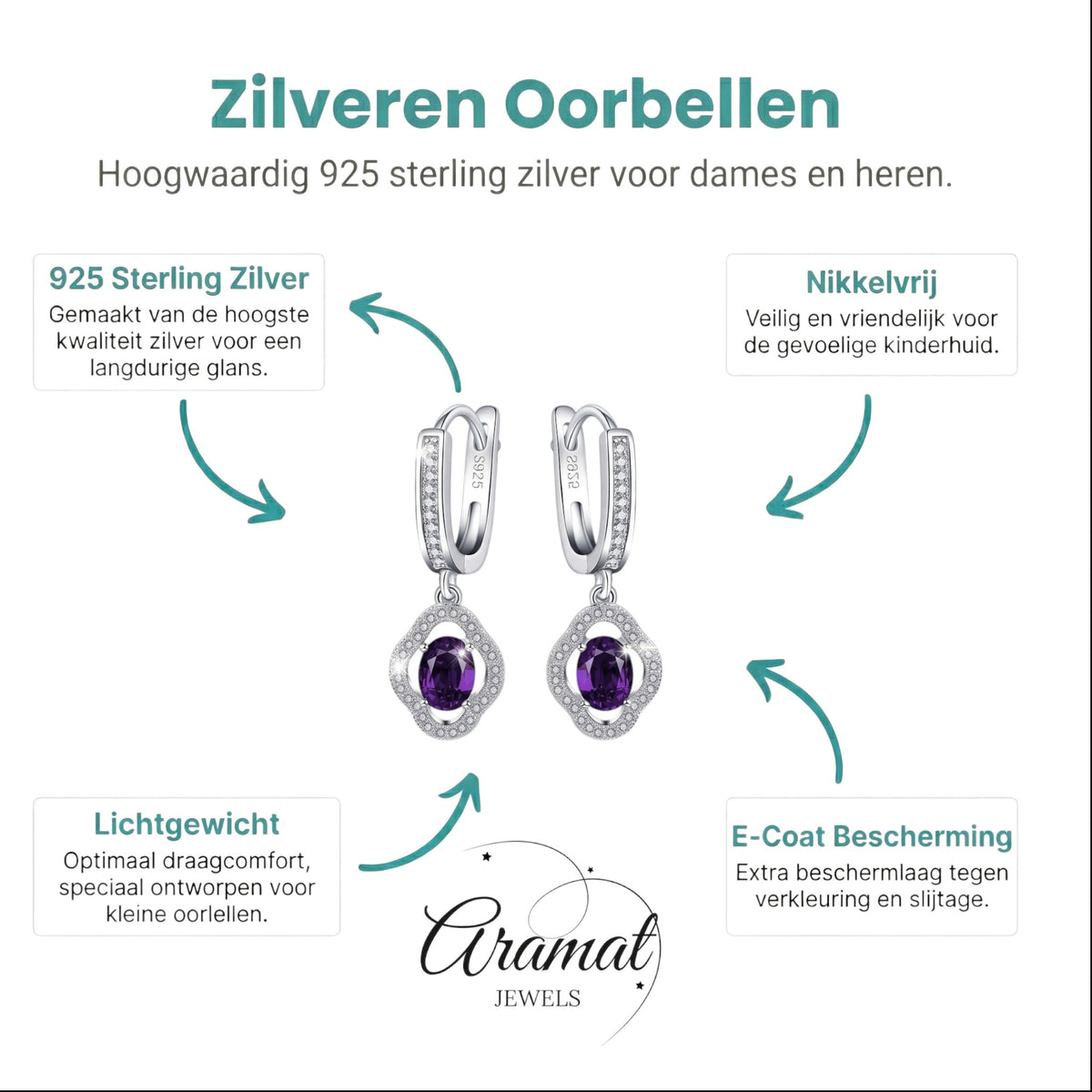Aramat Jewels silver hoop earrings with flower charm, featuring a purple oval zirconia and clear cubic zirconia accents.