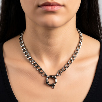 Aramat Jewels silver-tone stainless steel gourmet link charm necklace with a toggle clasp.