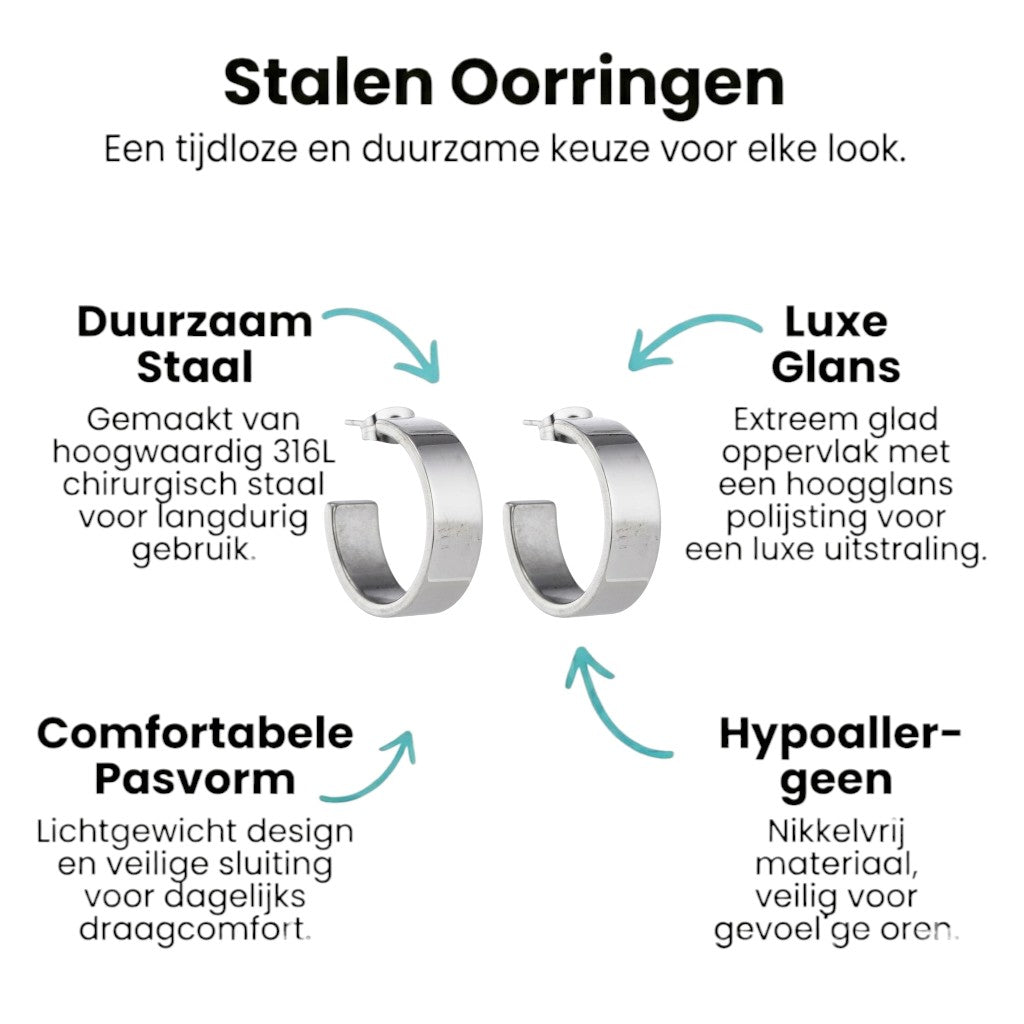 Aramat Jewels silver-tone stainless steel half hoop earrings, 28mm high and 7mm wide, with a smooth, minimalist design.