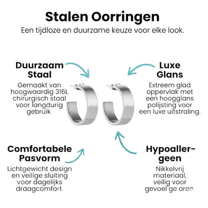 Aramat Jewels silver-tone stainless steel half hoop earrings, 28mm high and 7mm wide, with a smooth, minimalist design.