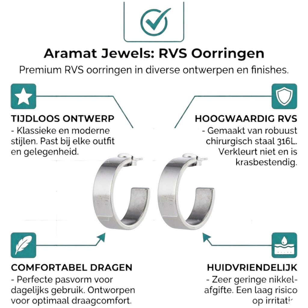 Aramat Jewels silver-tone stainless steel half hoop earrings, 28mm high, 7mm wide, smooth minimalist design.