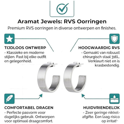 Aramat Jewels silver-tone stainless steel half hoop earrings, 28mm high, 7mm wide, smooth minimalist design.