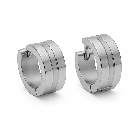 Aramat Jewels silver-tone stainless steel huggie hoop earrings with triple stripe accent, 13x7mm.
