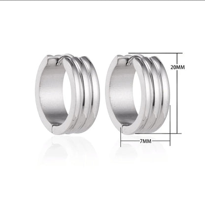 Aramat Jewels wide silver-tone stainless steel hoop earrings with subtle stripe detailing, 13mm diameter and 7mm width.