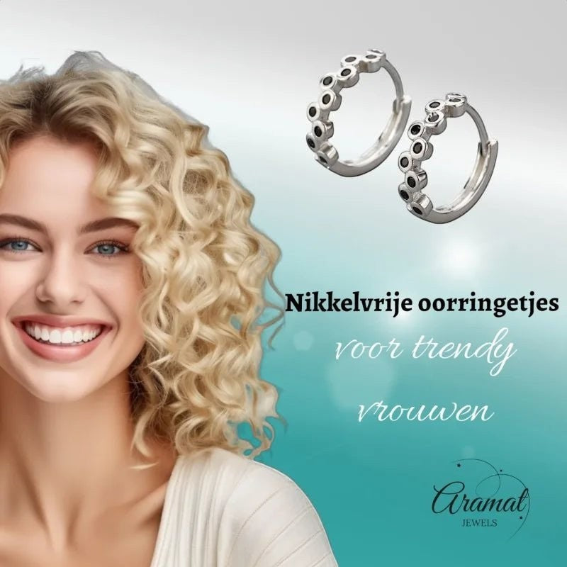 Aramat Jewels silver hoop earrings with black zirconia stones, 12mm diameter, for trendy women.
