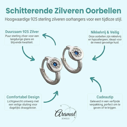 Aramat Jewels silver hoop earrings with blue and clear cubic zirconia, 12mm diameter, hypoallergenic and nickel-free.