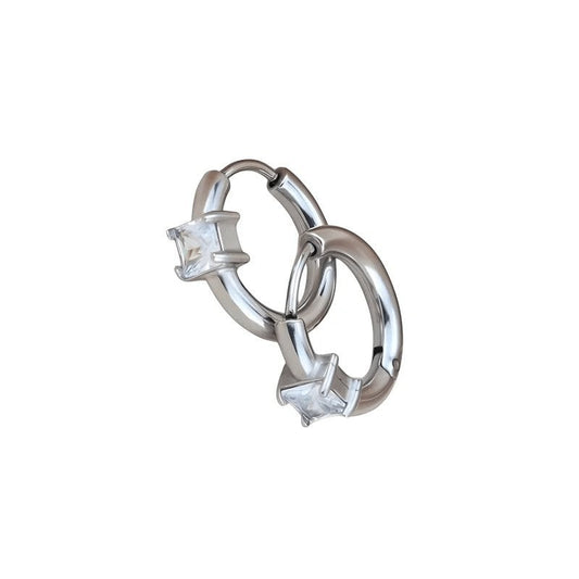 Aramat Jewels silver-tone stainless steel hoop earrings with square clear cubic zirconia.