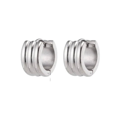 Aramat Jewels wide silver-tone stainless steel hoop earrings with ribbed detail, 13x7mm.