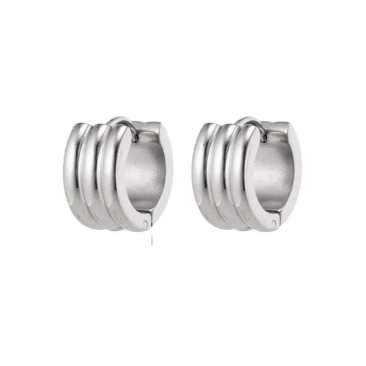 Aramat Jewels wide silver-tone stainless steel hoop earrings with ribbed detail, 13x7mm.