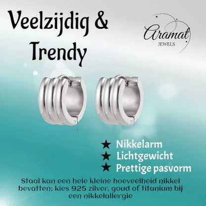 Aramat Jewels silver-colored stainless steel hoop earrings with ribbed detail, 13x7mm, unisex design.