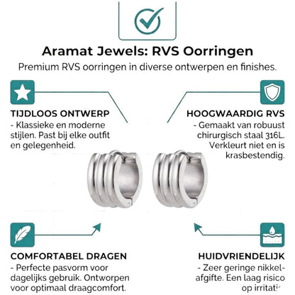 Aramat Jewels wide silver-colored stainless steel hoop earrings with three subtle horizontal ridges, 13x7mm.
