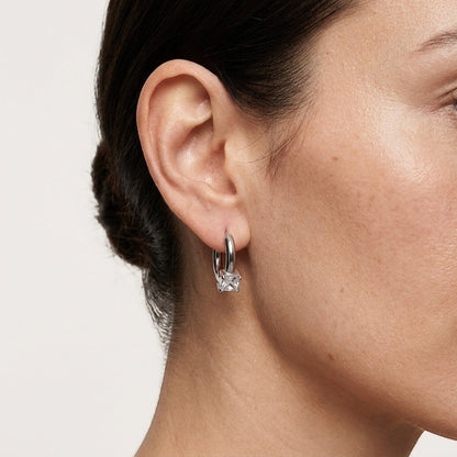Aramat Jewels silver-tone hoop earrings with a 4.5mm square clear cubic zirconia stone.