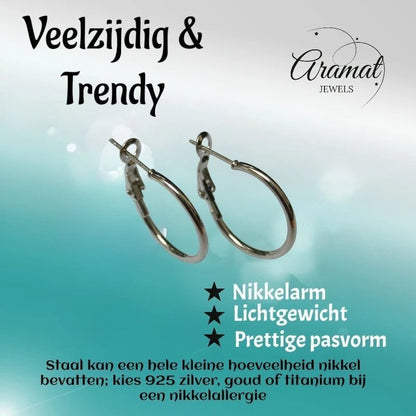 Aramat Jewels silver-colored stainless steel hoop earrings, classic design, high gloss finish, available in multiple sizes.