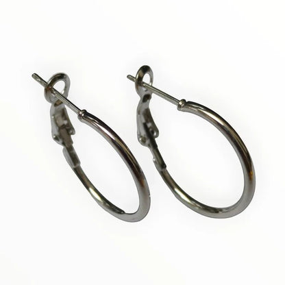 Aramat Jewels silver-tone stainless steel hoop earrings with a high-gloss finish and hinge closure.
