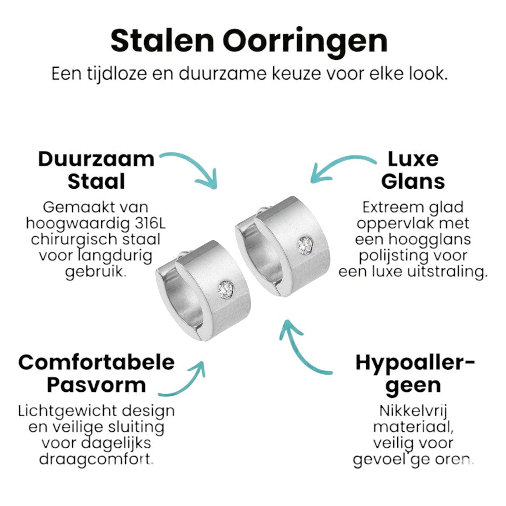 Aramat Jewels small silver-tone stainless steel hoop earrings with a single clear zirconia accent, 13mm diameter.