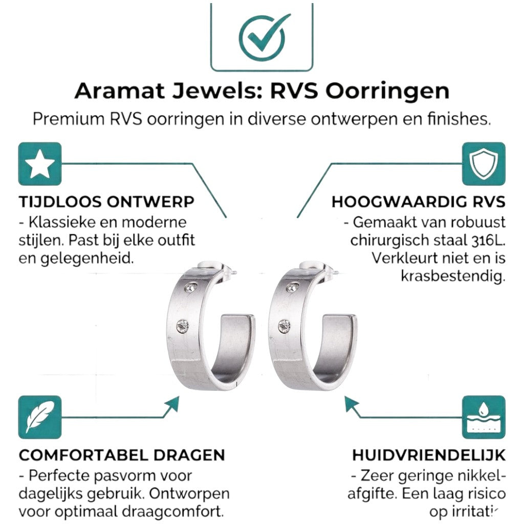 Aramat Jewels silver-tone stainless steel hoop earrings, 23mm diameter, 7mm wide, with two small cubic zirconia stones on each earring.